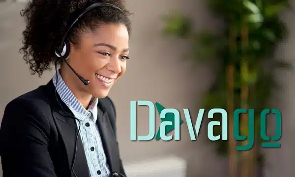 Smiling female customer support representative wearing a headset next to the Davago company logo in a bright office setting.