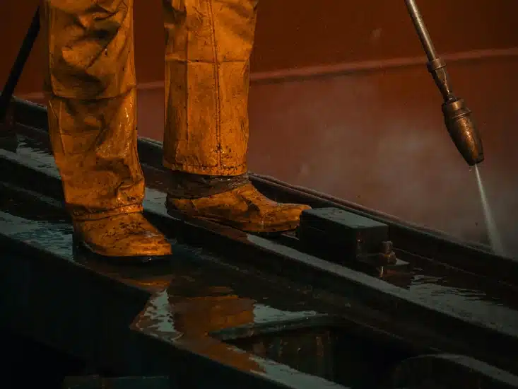 Close-up of a worker in a yellow protective suit using a high-pressure water sprayer to clean a dark industrial metal structure.