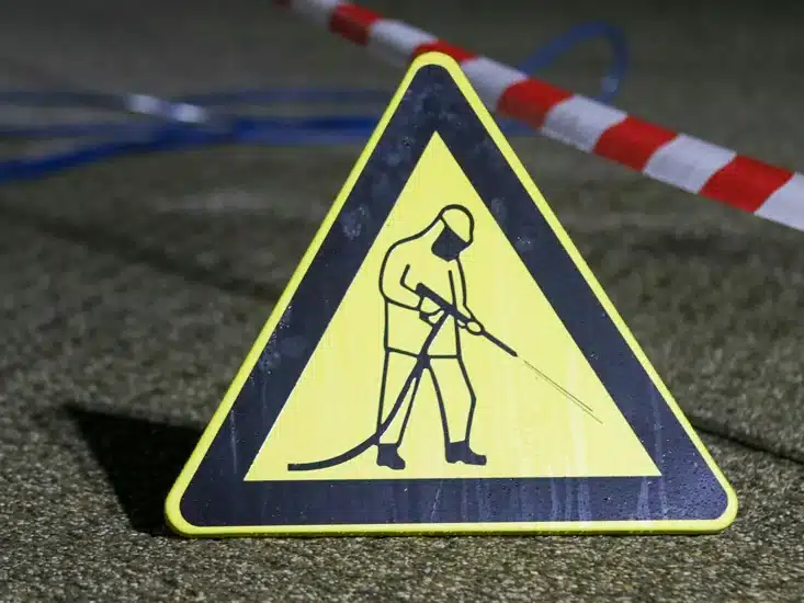 A yellow triangular warning sign with a black icon of a person pressure washing, placed on the ground near red and white hazard tape.
